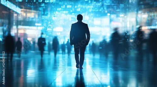 Businessman walking through futuristic cityscape at night