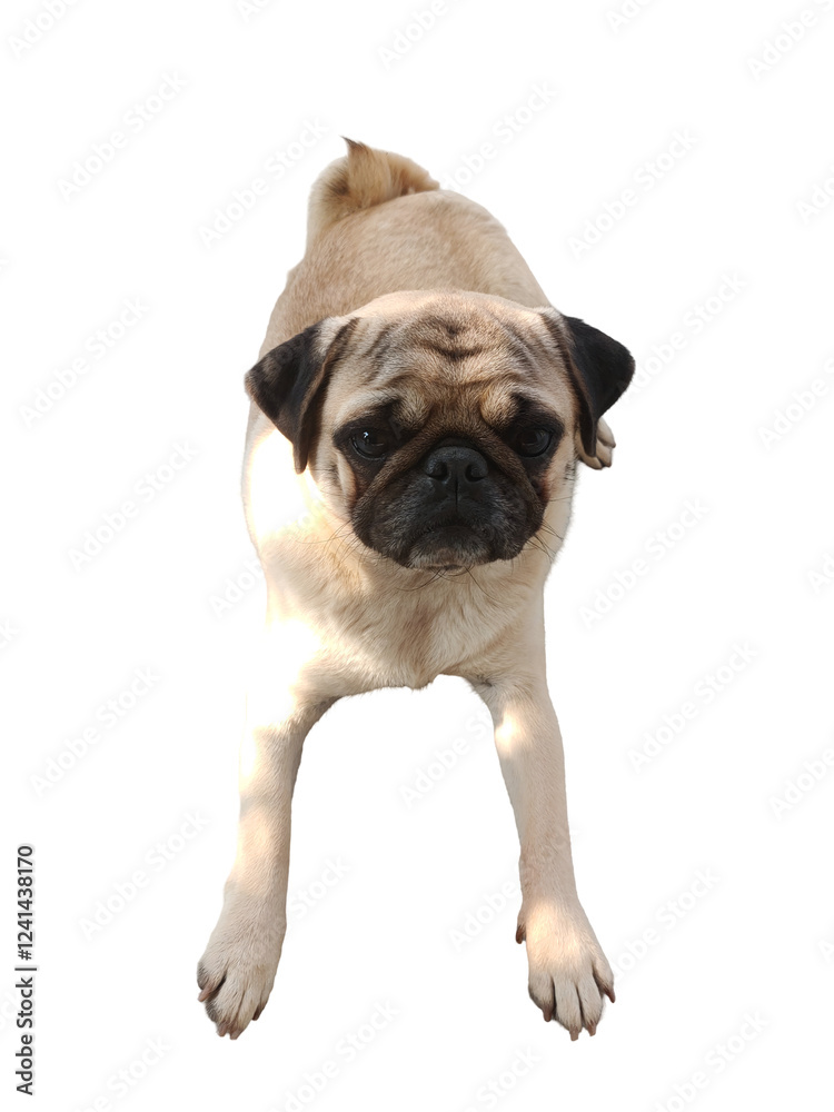 A pug dog is laying on the ground. It has a white spot on its head. The dog is looking up A pug dog is laying on the ground. It has a white spot on its head. The dog is looking up