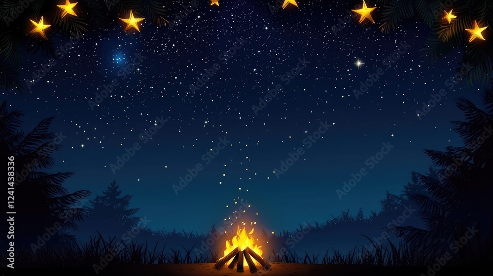 Fototapeta premium Cozy Campfire Under Starry Sky with Pine Trees at Night