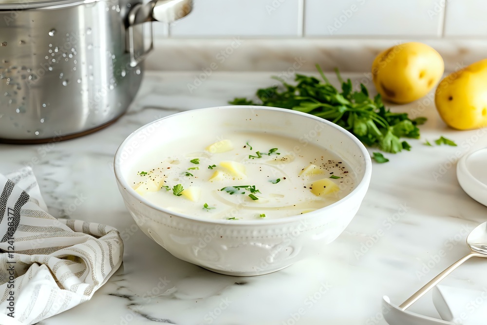 Creamy white soup garnished with fresh herbs in ceramic bowl on marble counter, with lemons and parsley. Homemade comfort food styling for restaurant menu. Creamy white soup garnished with fresh herbs in ceramic bowl on marble counter, with lemons and parsley. Homemade comfort food styling for restaurant menu.
