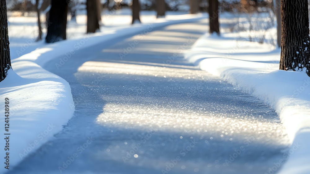 Curving snow-covered path through winter forest with sunlight creating sparkly effect on fresh snow, tree trunks framing peaceful winter scene. Curving snow-covered path through winter forest with sunlight creating sparkly effect on fresh snow, tree trunks framing peaceful winter scene.