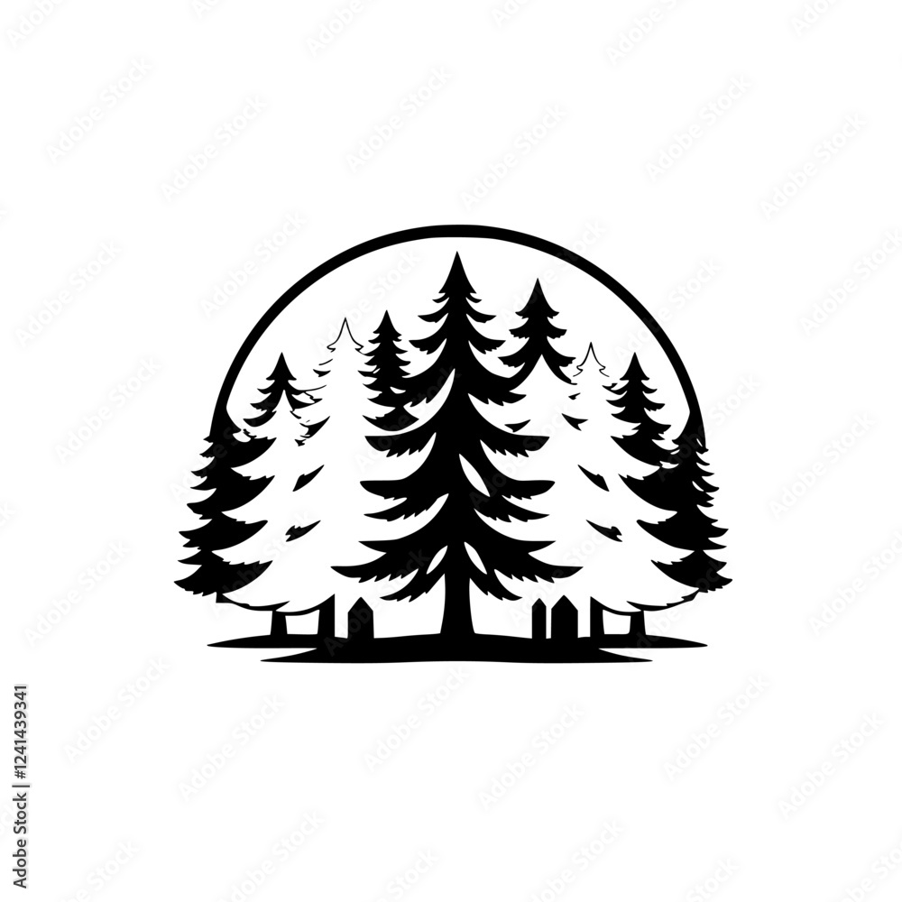 Obraz premium Majestic Evergreen Forest: A Panoramic View of Serene Nature. Discover the captivating beauty of towering pine trees in a lush woodland setting. Ideal for nature lovers and design projects.