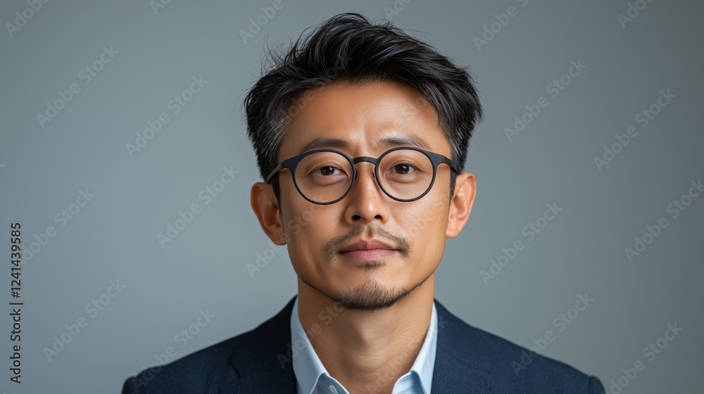 Striking portrait of a man with glasses against a neutral background, showcasing calm confidence and style Striking portrait of a man with glasses against a neutral background, showcasing calm confidence and style