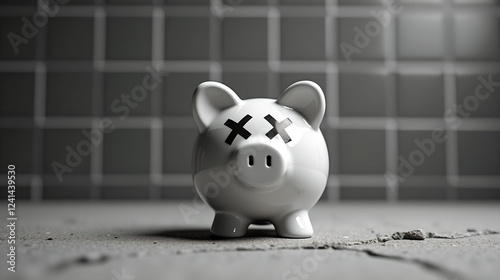 Monochrome Photo of Broken Piggy Bank with XX Eyes Symbolizing Bankruptcy and Financial Loss photo