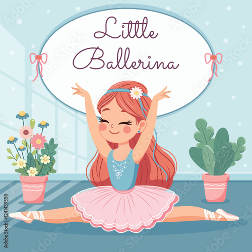 Pretty and gentle ballerina girl in pink and blue dress doing the splits in the room with flowerpots. Poster, Banner, Flyer, Greeting Card. Vector illustration in flat cartoon style