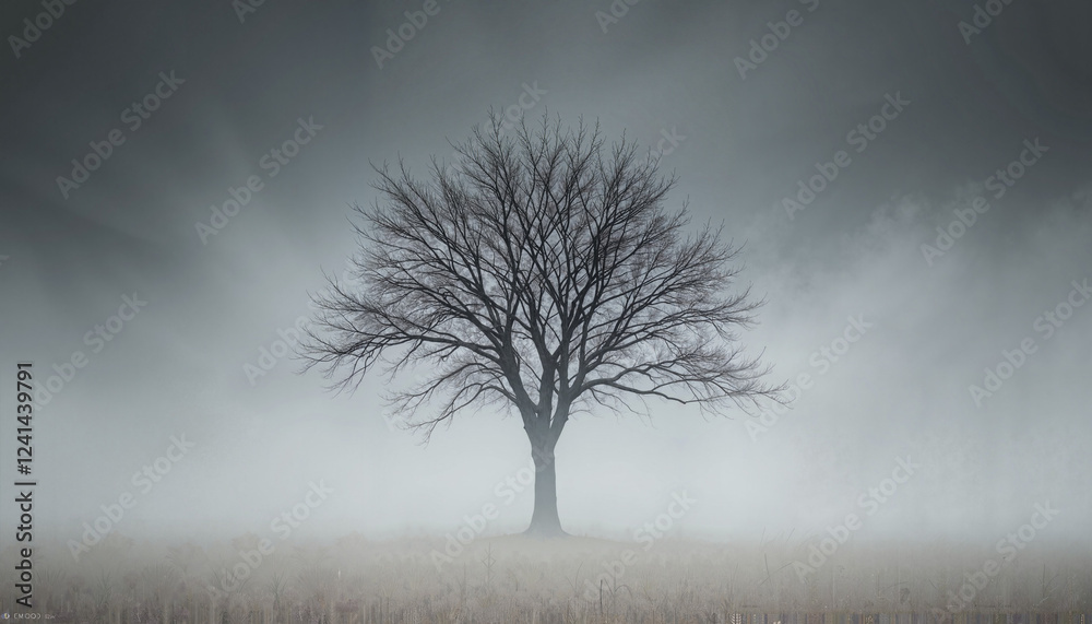 Bare tree in a foggy field, mysterious mood, atmospheric nature against a blurred background Bare tree in a foggy field, mysterious mood, atmospheric nature against a blurred background