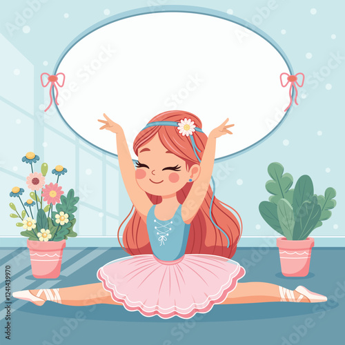 Template with cute ballerina in pink and blue dress doing the splits and with custom text placed on a white background. Poster, Banner, Flyer, Greeting Card. Vector illustration in flat cartoon style