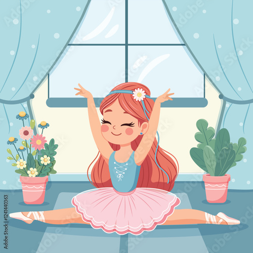 Pretty and gentle ballerina girl in pink and blue dress doing the splits in the room with flowerpots. Poster, Banner, Flyer, Greeting Card. Vector illustration in flat cartoon style