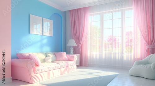 Bright pastel living room with pink and blue decor: cozy minimalist interior design