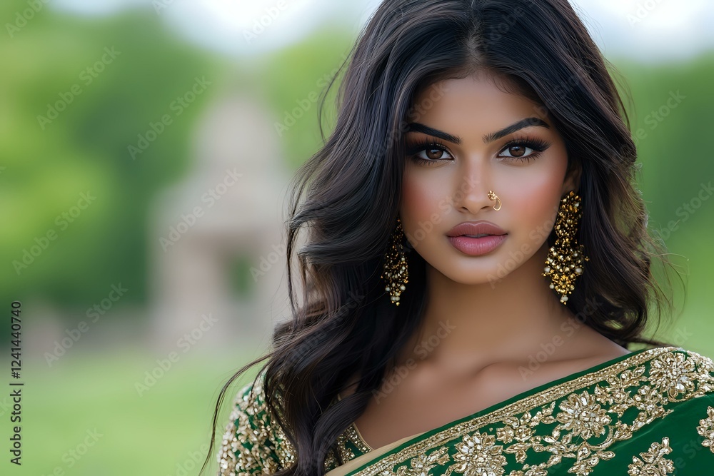 Naklejka premium Young South Asian woman wearing traditional green and gold embroidered sari and ornate gold earrings, with long dark wavy hair and professional makeup against blurred outdoor background.