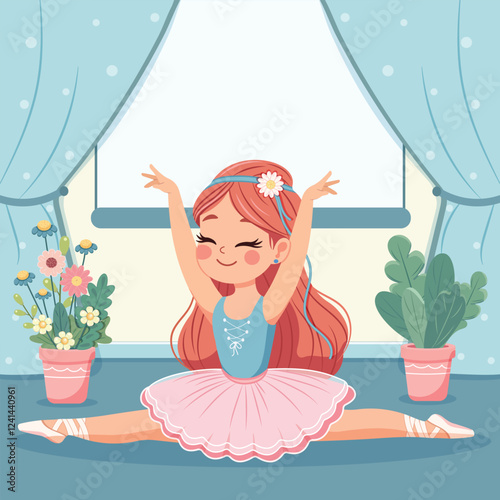 Template with cute ballerina in pink and blue dress doing the splits and with custom text placed on a white background. Poster, Banner, Flyer, Greeting Card. Vector illustration in flat cartoon style