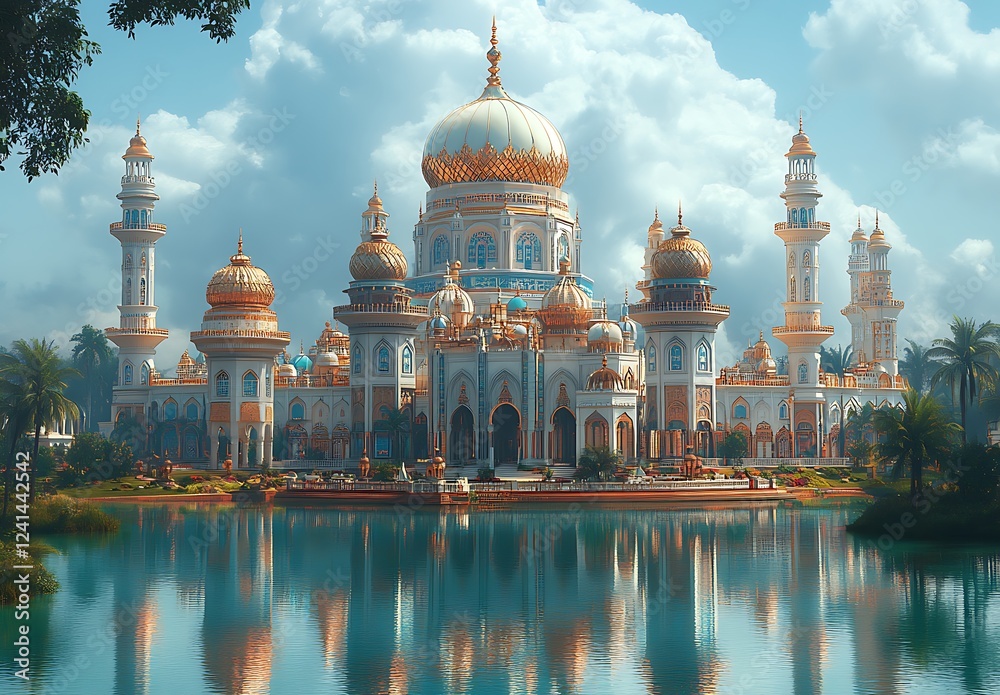 Obraz premium Elaborate Palace with Golden Domes and Towers Reflected in Serene Water, Surrounded by Lush Greenery Under a Blue Sky with Fluffy Clouds