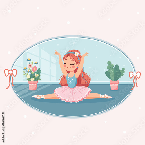 Pretty and gentle ballerina girl in pink and blue dress doing the splits in the room with flowerpots. Poster, Banner, Flyer, Greeting Card. Vector illustration in flat cartoon style