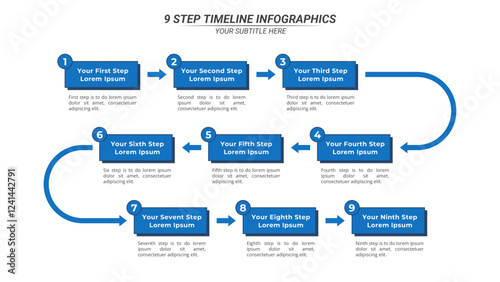 9 Steps Infographic Timeline with Editable Text on a 16:9 Layout for Business Presentation, Poster, Banner and Booklet.