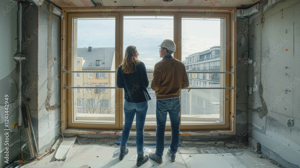 Fototapeta premium Client and engineer discussing ventilation systems in a room under construction