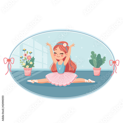 Pretty and cute ballerina girl in pink and blue dress doing the splits in the room with flowerpots on white background. Poster, Banner, Flyer, Greeting Card. Vector illustration in flat cartoon style