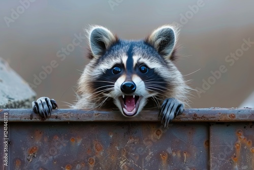 Raccoon rummaging through garbage with a shocked expression photo