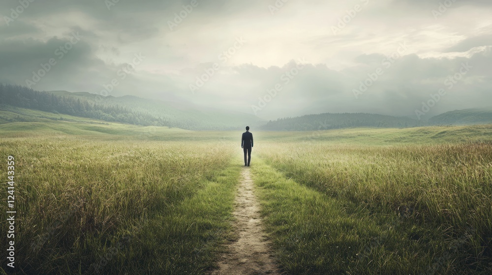 Fototapeta premium Man walks path, misty valley, uncertainty, future