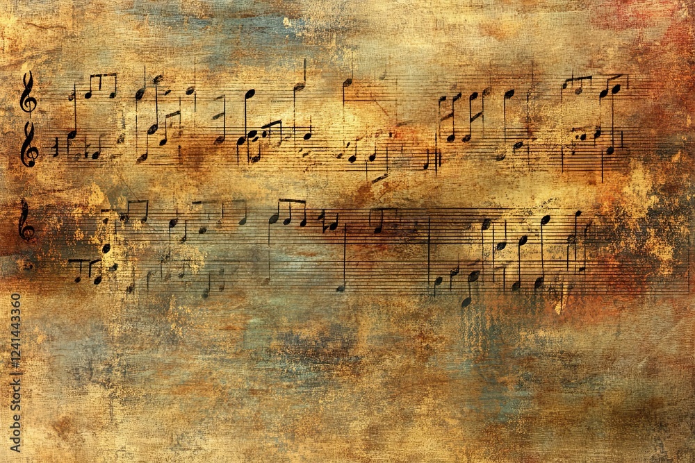 Fototapeta premium A grunge-textured background with a frame made of vintage music notes