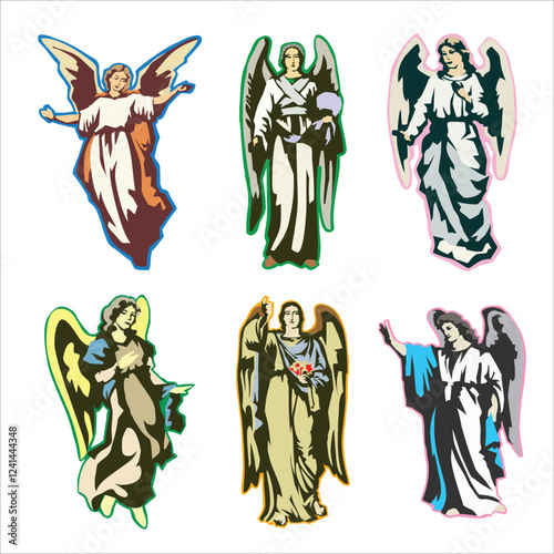 illustration of several angels with friendly and dignified expressions