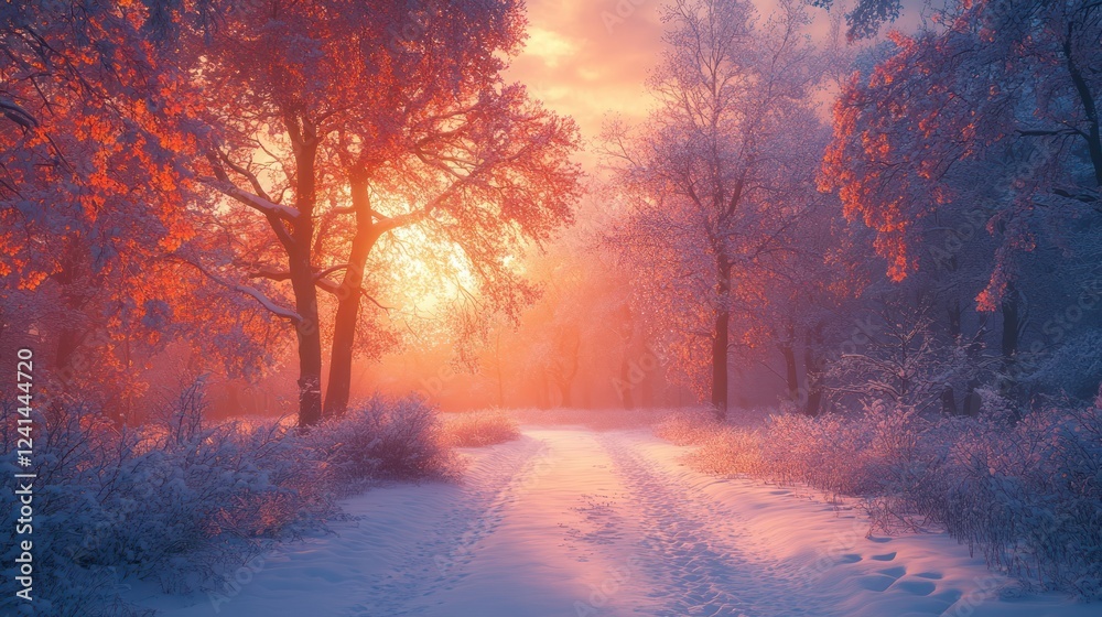 Naklejka premium Snowy path sunrise winter forest landscape