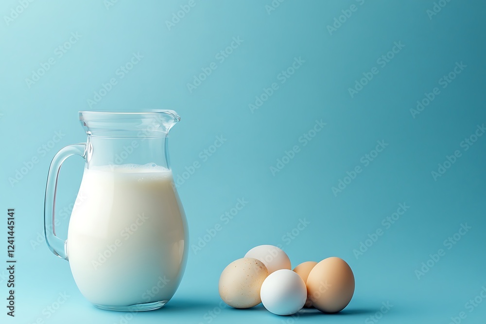 Milk in a jug and eggs on a blue background with copy space Milk in a jug and eggs on a blue background with copy space