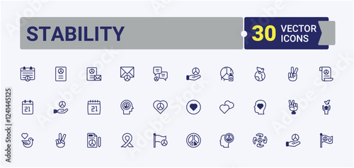 Set of Stability line icons. Includes thin line hippie, peaceful, human, graphic, faith, war and more. Collection for mobile and web apps. Solid line editable stroke. Vector line and solid icons.