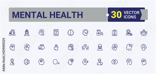 Mental Health icon set. Contains such icons as problem, people, thinks, doctor, psychotherapy, disorder and more. Perfect for logos and infographics. Solid line editable stroke.