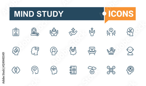 Mind Study icons set in linear style. Featuring emotion, support, anxiety, problem, brain, psychologist, health, behavior. Icons for UI. Solid line editable stroke. Vector line and solid icons.