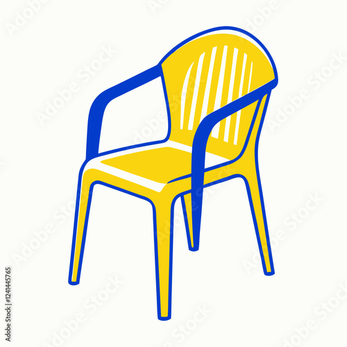 Yellow Plastic Chair with Curved Back and Armrests in Minimalist Hand-Drawn Style