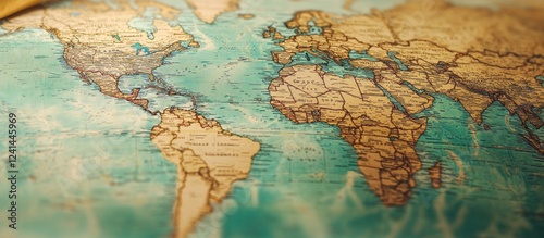 Fototapeta Naklejka Na Ścianę i Meble -  Vintage world map detail, close-up, textured surface, global travel concept