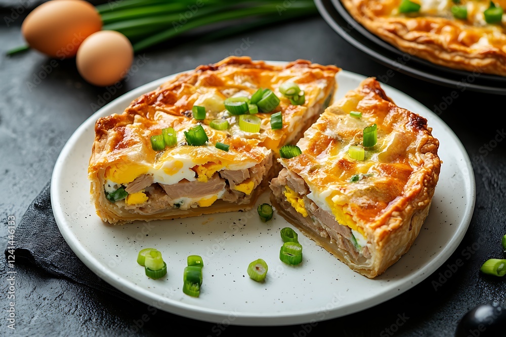 Pieces of homemade pie with eggs, green onions and canned tuna on a white plate Pieces of homemade pie with eggs, green onions and canned tuna on a white plate