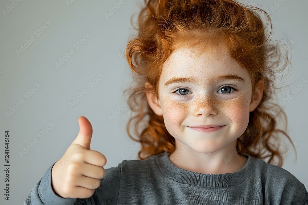 Cheerful redhead child with freckles showing thumbs up gesture against light background, wearing casual gray sweater. Natural expression of success and positivity. Cheerful redhead child with freckles showing thumbs up gesture against light background, wearing casual gray sweater. Natural expression of success and positivity.