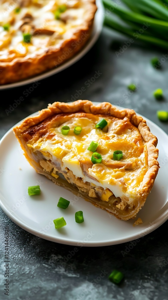 Pieces of homemade pie with eggs, green onions and canned tuna on a white plate Pieces of homemade pie with eggs, green onions and canned tuna on a white plate