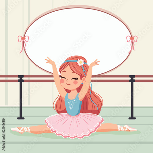 Template with cute ballerina in pink and blue dress doing the splits and with custom text placed on a white background. Poster, Banner, Flyer, Greeting Card. Vector illustration in flat cartoon style