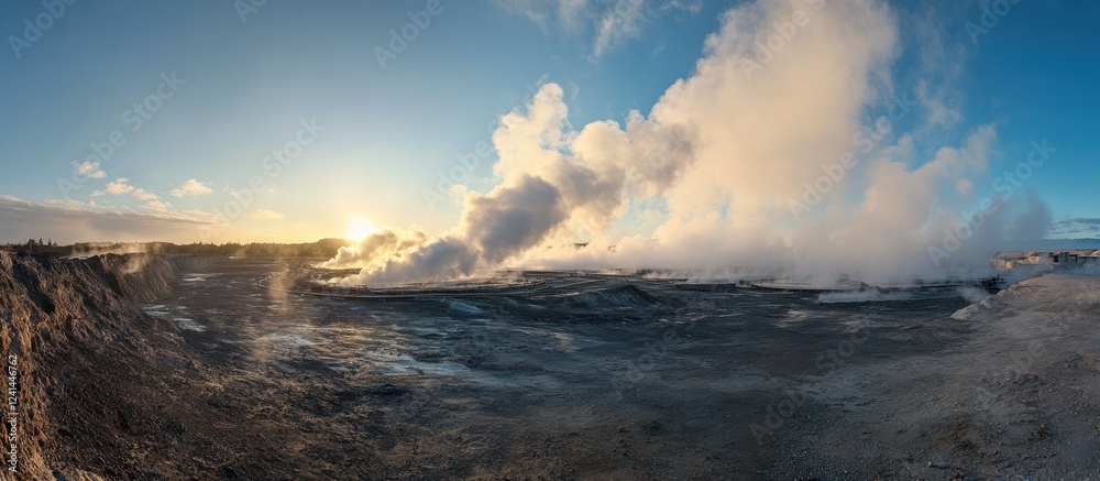 Fototapeta premium Geothermal field sunset panorama; steaming vents, landscape background