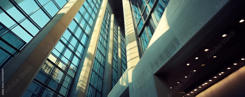 Obraz premium Modern building atrium, sunlight through glass, city backdrop, corporate interior