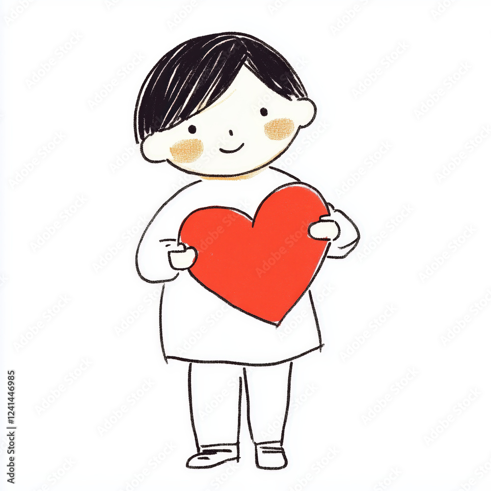 Cute cartoon man holding red heart, expressing love and joy Cute cartoon man holding red heart, expressing love and joy