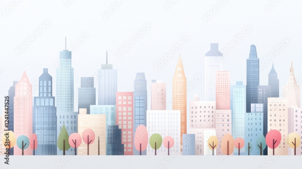 Fototapeta premium Colorful Minimalist Cityscape Illustration with Buildings and Trees in a Contemporary Style