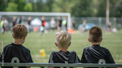 Young soccer players on the bench during a match