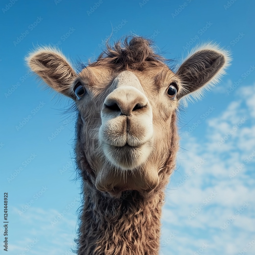Obraz premium A stunning camel portrait with a clear blue sky backdrop accentuating its features.