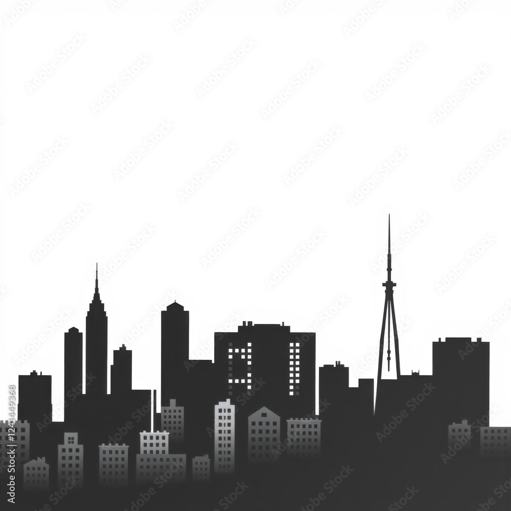 Obraz premium Sunset skyline silhouette with vibrant orange and yellow hues illuminating the city creating a tranquil and serene atmosphere silhouetted skyline cityscape architecture illustration building city vect