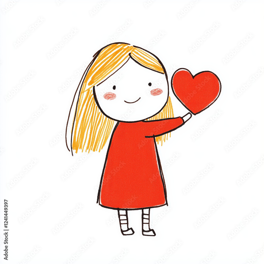 Cute cartoon character holding red heart, wearing red dress with blonde hair Cute cartoon character holding red heart, wearing red dress with blonde hair