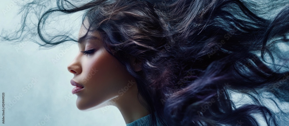 Naklejka premium Woman's flowing dark hair, profile view, studio shot, soft background, hair product ad