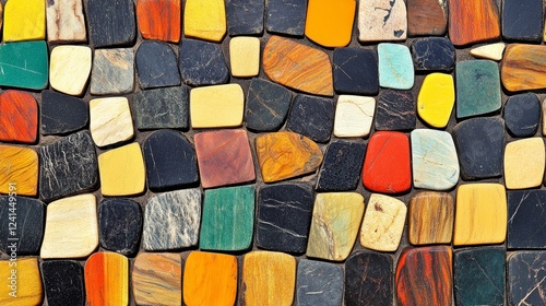Abstract Colorful Stone Mosaic Irregular Shapes, Textured Surface, Geometric Composition, Bright Hues Mosaic, Stone Texture