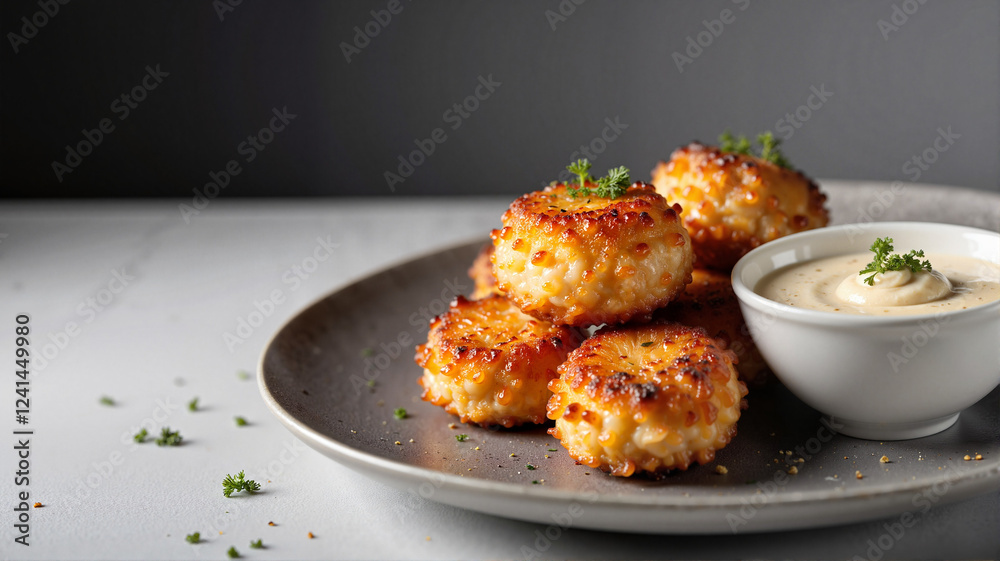 Elegant conch fritters with creamy dip on modern plate, gourmet delight Elegant conch fritters with creamy dip on modern plate, gourmet delight