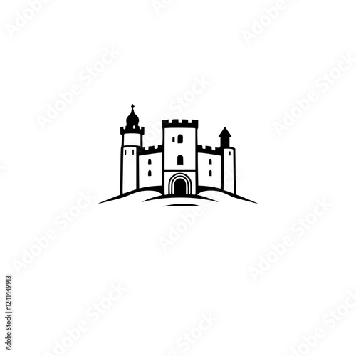 Majestic Castle on a Hilltop: A Medieval Fortress Illustration. This image showcases a classic castle design, perfect for historical projects or fantasy settings.