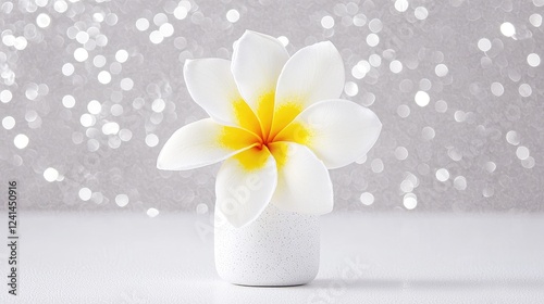 Single white plumeria blossom in vase, bokeh background, spa, serenity