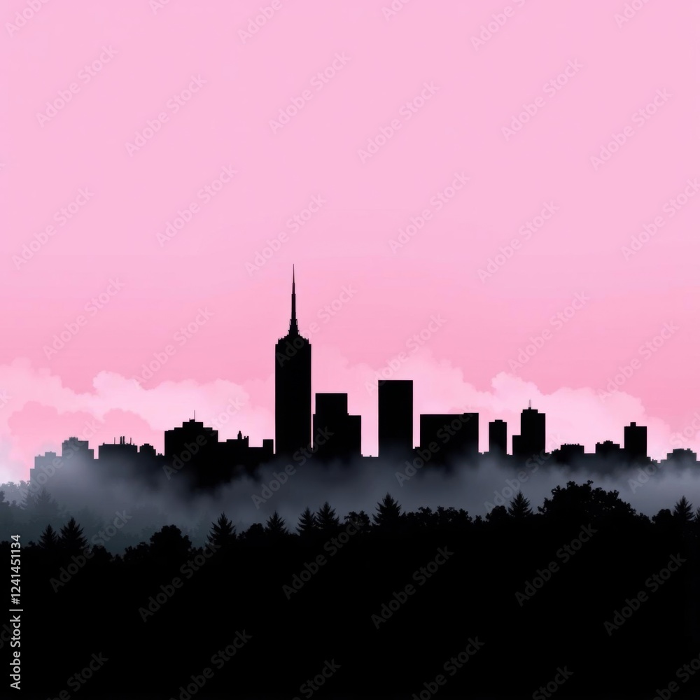 Fototapeta premium Urban elevation - contemporary double exposure wallpaper of city skyline blended with mountain range silhouette for graphic design silhouetted skyline cityscape architecture illustration building city