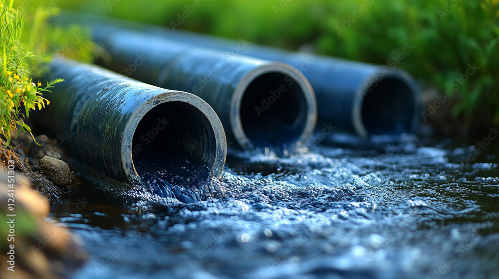 Urban drainage system with pipes discharging water into stream, surrounded by greenery. scene captures flow of water and natural environment Urban drainage system with pipes discharging water into stream, surrounded by greenery. scene captures flow of water and natural environment